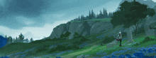 a person standing in a field of blue flowers