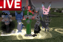 a group of animated characters are standing in a field with a live sign above them