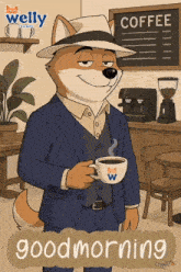 a cartoon of a dog in a suit holding a cup of coffee with welly friends written on the bottom