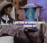 a man in a cowboy hat is sitting in front of a box that says " one pair of cowboy boots coming up "