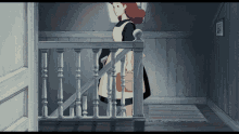 a woman in an apron is standing on a staircase holding a purse