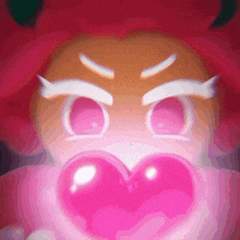 a cartoon character is blowing a pink heart shaped bubble