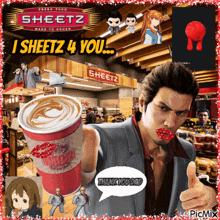 a man with red lips is holding a cup of sheetz coffee in front of a sheetz sign