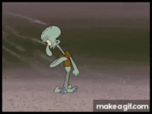 a cartoon of squidward from spongebob squarepants is standing on the beach .
