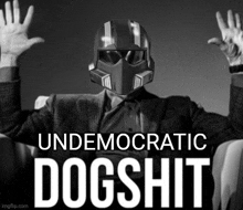 a man wearing a helmet with the words " undemocratic dogshit " written on it