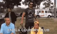 a group of people are standing in a park with the words `` enola country club '' written on the bottom .