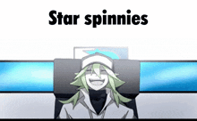 a cartoon character is sitting in front of a computer screen with the words star spinnies written above him .