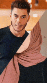 a man wearing a black shirt and a woman wearing a pink scarf