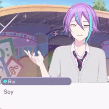 a boy with purple hair and blue streaks is wearing a tie and a sweater .