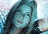 a close up of a woman 's face with a rabbit on the bottom