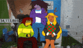 a group of cartoon characters standing next to each other with the number 34,113,865 behind them