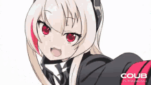 a cartoon of a girl with red eyes and a coub logo on the bottom