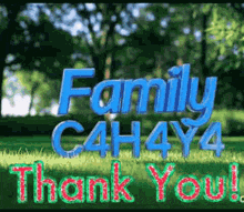 a sign that says `` family c4h4y4 thank you '' is in the grass in a park .