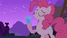pinkie pie from my little pony holds a glass of water in her hand