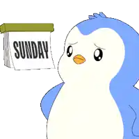 a cartoon penguin is holding a piece of paper that says sunday
