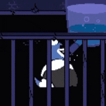 a cartoon character is behind bars in a cage with a container of water in the background .