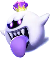 a white ghost with a purple tongue and a purple crown on top