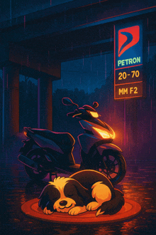 a cartoon drawing of a dog sleeping next to a scooter at a petron gas station