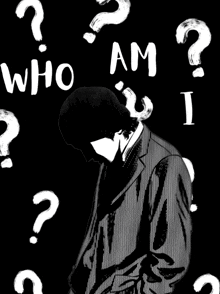 a man in a suit is surrounded by question marks and the words who am i written above him