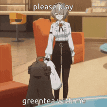 a girl is standing in a room with the words please play greentea with me on the bottom