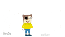 a cartoon character is wearing a yellow sweater and blue jeans