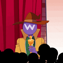 a cartoon character with a w on his head is holding a trophy