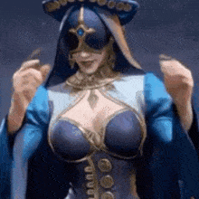 a woman in a blue dress and mask is standing in front of a blue background .