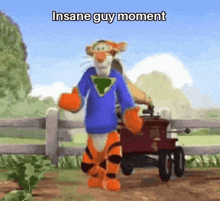 tigger from winnie the pooh is wearing a blue shirt and walking with a tractor .