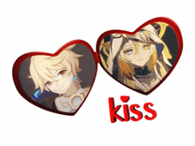 two hearts with a picture of a boy and a girl and the word kiss