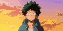a young boy with green hair is wearing a blue hoodie and looking up at the sky .