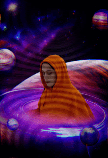 a person in an orange hoodie is floating in a purple circle