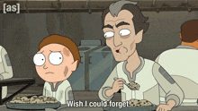 a cartoon character says wish i could forget in front of a plate of food