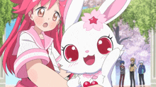 a girl with pink hair is holding a white rabbit