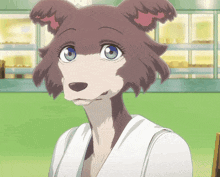 a cartoon of a woman with a dog 's head and blue eyes