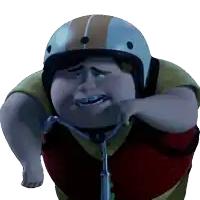 a cartoon character wearing a helmet and braces is riding a scooter