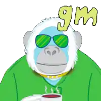 a cartoon monkey wearing sunglasses and a green shirt holds a cup of coffee and says gm