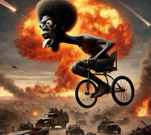 a cartoon of a man riding a bike in front of a huge explosion