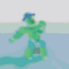 a cartoon character with a purple hat is standing on a purple surface