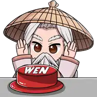 a cartoon of a man with a beard holding a button that says wen