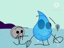 a cartoon drawing of a coin and a water drop with the letters k on the bottom right
