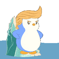 a cartoon of a penguin with a donald trump wig on a piece of ice