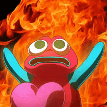 a cartoon character holding a pink heart in front of a fire