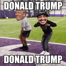 two men on a football field with donald trump 's face on their heads