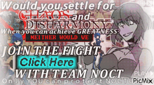 a poster that says would you settle for chaos and disharmony when you can achieve greatness neither would we click here