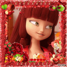 a picture of a girl with red hair surrounded by apples