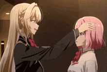 two anime girls touching each other 's foreheads in a dark room