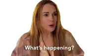 a woman says what 's happening while wearing a robe