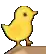 a pixel art drawing of a yellow chicken standing on top of a wooden surface .