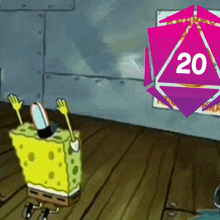a spongebob squarepants cartoon with a pink dice that says 20