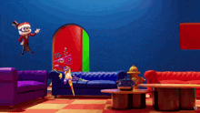 a colorful living room with a blue couch and a red couch